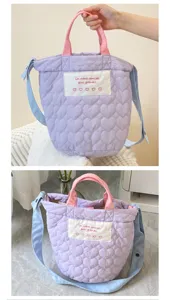 Cute quilted heart tote bag with pink handles and blue strap. Stylish large capacity daily handbag.