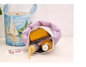 Retro oil painting canvas bucket bag, small casual handbag with padded strap for women outdoor.