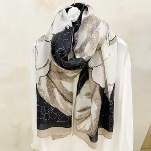 Écharpe femme en coton et lin avec motif floral de camélia long châle protection solaire