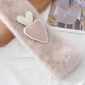 Fluffy faux fur winter scarf for women, cute pink warm neck warmer with pearl heart decor.