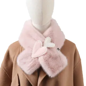 Cute plush crossover winter scarf for women, warm faux fur neck warmer with pearl heart.