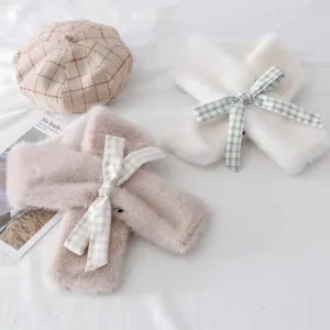 Cozy plush cross scarf and beret set for women winter warm fuzzy neckerchief cute bow