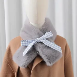 Grey plush winter scarf for women featuring a blue plaid bow tie warm chic neckerchief main