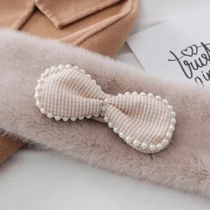 Women winter thick plush scarf with pearl bow elegant warm faux fur neckerchief stylish design