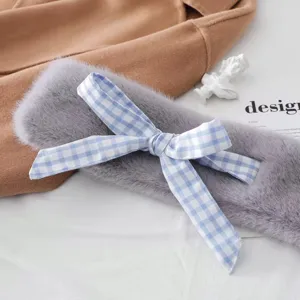 Winter plush scarf for women, cozy thick furry neck warmer with blue gingham bow, warm cute.