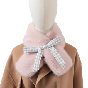 Women winter pink plush scarf with classic plaid bow, thick warm stylish neck wrap collar.