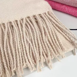 Beige imitation cashmere scarf for women, warm winter tassel shawl with soft texture.