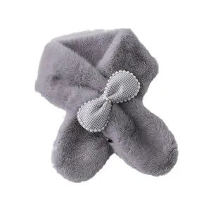 Women winter plush faux fur scarf grey cute pearl plaid bow thick warm neck warmer