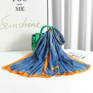 Foulard châle en coton et lin bleu et orange, accessoire de mode protection solaire.