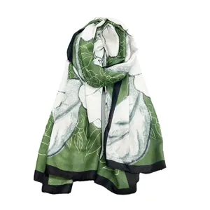 Vert blanc camélia imprimé floral coton lin long foulard femme châle automne hiver chaud.