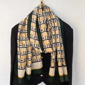 Detailed view of women geometric print scarf shawl, stylish cotton linen neckerchief for daily wear.