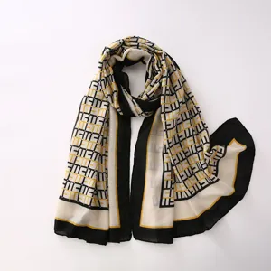 Fashion luxury style geometric pattern print women scarf long cotton linen shawl black yellow