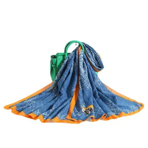 Élégant foulard en soie à motifs bleu et orange femme léger mode voyage châle écharpe enveloppement
