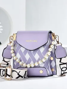 Fashion casual purple plaid crossbody phone bag with elegant pearl handle and wide strap