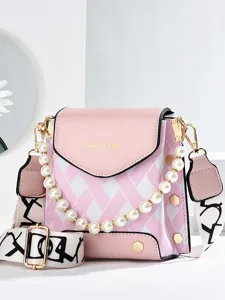 Pink checkered crossbody bag with pearl handle and wide strap, stylish casual mini phone bag.