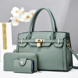 Grünes PU-Leder Handtaschen-Set mit passender Geldbörse und Kartenhalter, stilvolle Damentasche.