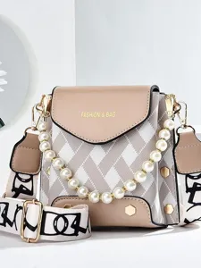 Stylish small crossbody bag for women, chic plaid pattern with pearl chain and wide strap.