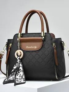 Damen Mode PU Leder Henkeltasche Eimer Tasche Gesteppt Umhängetasche Schultertasche Mit Seidenschal Große Kapazität Tote Bag