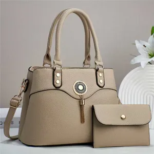 Beige Damen Handtasche Set elegante PU Leder Umhängetasche Schultertasche mit Quaste und Geldbörse.