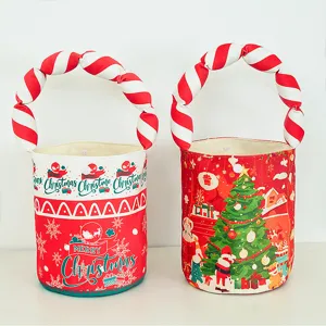 Christmas candy gift bag, fabric tote bucket with padded twisted handle for holiday.