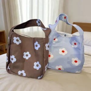 Korean vintage floral print canvas shoulder bag, sweet underarm bag, large capacity.