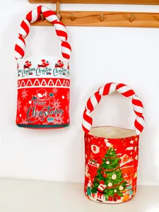 Christmas candy bucket bag with padded striped handle holiday gift storage container.