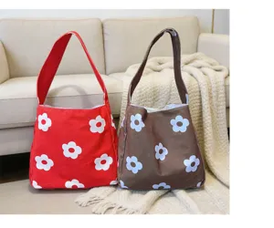 Korean style retro printed canvas shoulder bag, sweet floral large capacity commuter underarm bag