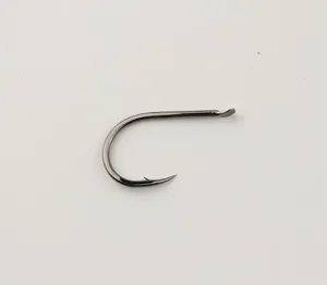 Carbon steel Chinu fishing hook closeup showing barbed design and black finish detail