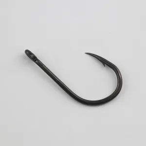 Close-up detail of a heavy-duty ringed fishing hook with black coating and sharp curved tip.