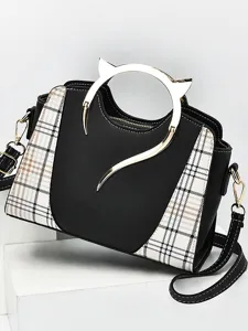 Bolso Balde de Moda para Mujer de Cuero PU Empalme de Cuadros Bolso de Mano Casual Asa Superior Bandolera
