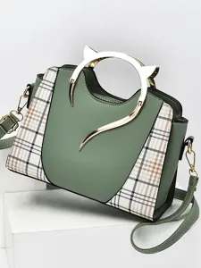 Bolso de mano de mujer de cuero verde elegante bolso cruzado de cuadros para uso diario