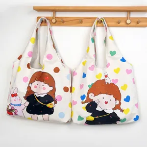 Casual canvas tote bag cute cartoon girl print large capacity shoulder handbag for students