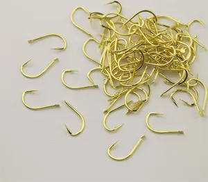 Bulk gold barbed fishing hooks for freshwater fishing, sharp Izu hooks detail view.