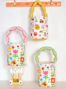 Cute Floral Print Canvas Bucket Bag With Puffed Cotton Handle Sweet Casual Small Handbag For Women Daily Matching
