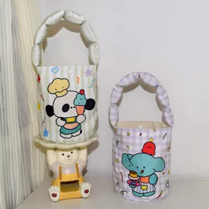 Cute cartoon bucket bag with padded handles, creative canvas round handbag for baby kids.