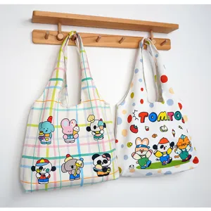 Canvas tote bag for women, cute cartoon animal print, large capacity casual shoulder bag.