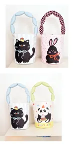 Cute cartoon animal print bucket handbag with soft padded bubble handle for daily use.