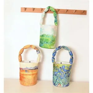 Van Gogh art print cotton stuffed bucket bag detail, featuring unique master painting design.