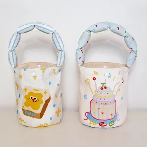 Canvas bucket bag with cute cartoon toast and cake print, puffed handle shoulder handbag.