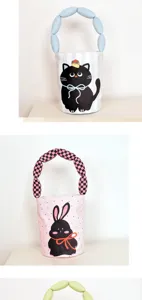 Cute cake cat canvas bucket bag with padded puffy handle, casual daily tote for women.