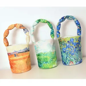 Van Gogh art print cotton stuffed bucket bag with unique bead handle for women daily use.