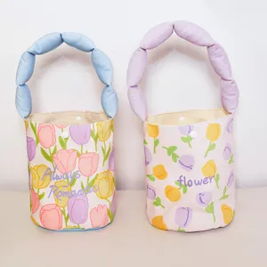 Tulip canvas bucket bag with puffy handle, cute floral print handbag for summer.