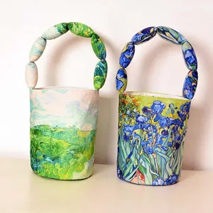Van Gogh art printed padded cotton bucket bag with unique segmented handle for women daily use.