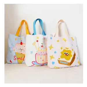Cute cartoon canvas tote bag for women, featuring fun ice cream, cake and toast prints.