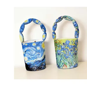 Van Gogh art print padded bucket bag with unique bead handle for women artistic handbag detail view