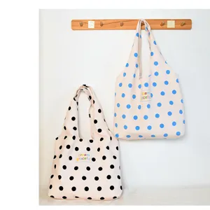 Sac cabas en toile à pois style japonais, grand sac à épaule pour les étudiantes en voyage.