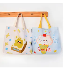 Canvas tote bag cute cartoon toast ice cream print small handbag shoulder bag casual daily use.