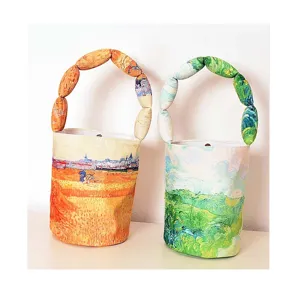 Artistic Van Gogh print bucket bag with unique puffy handle stylish women handbag daily use