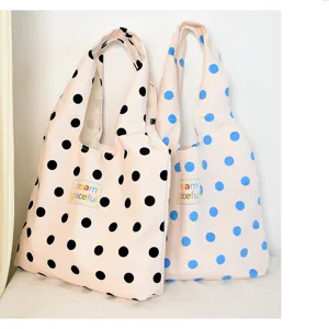 Sac cabas en toile style coréen avec pois mignons, grand sac d'épaule pratique pour usage quotidien.
