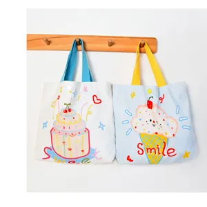 Cute canvas tote bag with sweet cake and ice cream print, perfect for summer casual wear.